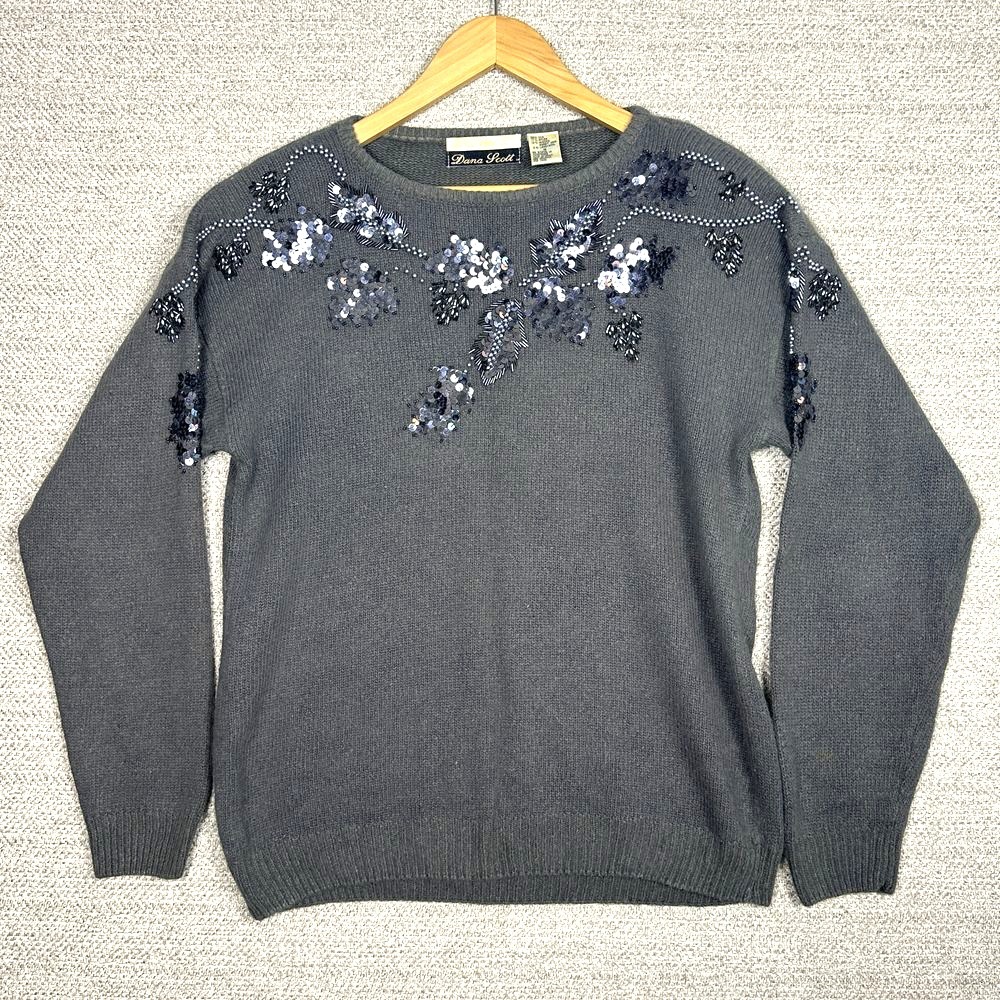 Vtg Dana Scott Sz‎ M Sweater Silk Angora Gray Sequin Floral Fairy Retro Party